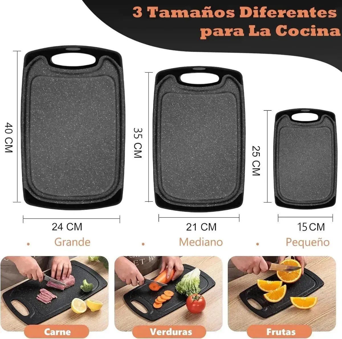 Set X3 Tablas De Picar Cocina Antideslizante Carne Verdura - Imagen 4