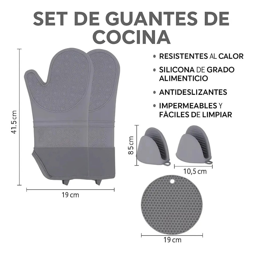 Set Guantes Cocina Silicona, Mini Pinzas Y Apoyadores Horno