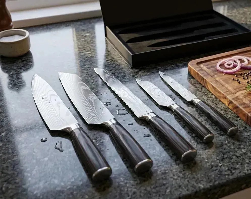 Set De 5 Cuchillos De Cocina Estilo Madera Acero Damasco