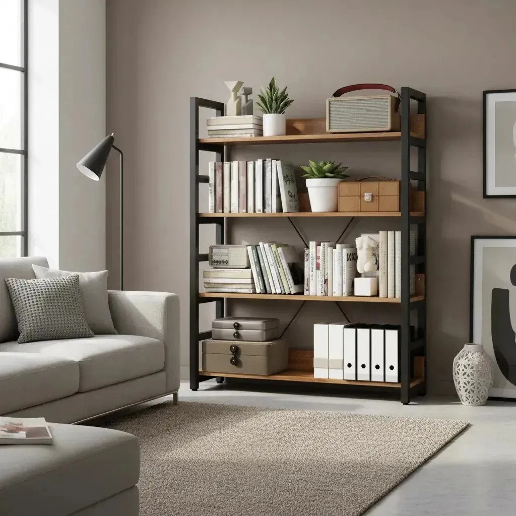 Biblioteca Estantería 4 Estantes Madera Y Hierro 146 X 80 Cm