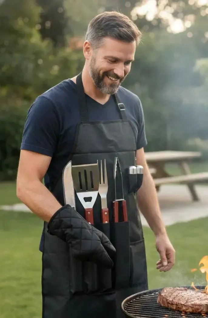 Set X8 Parrillero Asador Utensillos Con Delantal Y Guante - Imagen 4