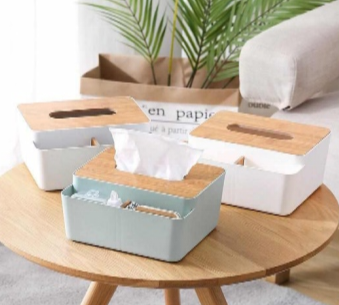 Caja de Pañuelos con 2 Compartimentos de Almacenamiento y Tapa de Madera