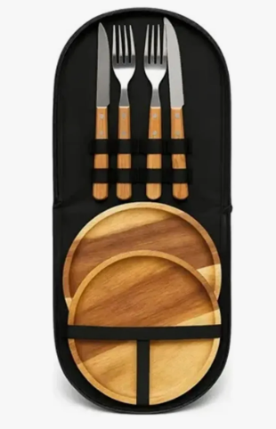 Set de Cubiertos + Platos de madera + Estuche
